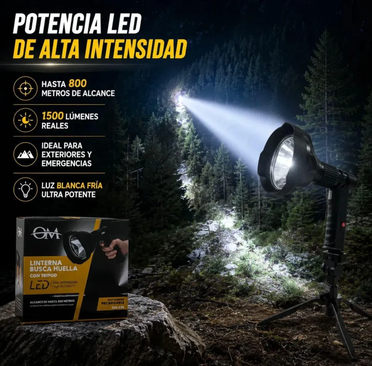 LINTERNA BUSCA HUELLA CON TRIPODE ALTA INTENSIDAD HASTA 800 METROS DE ALCANCE - 1500 LUMENES REALES