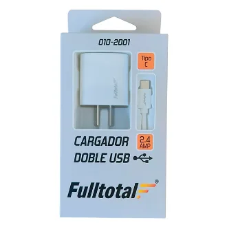CARGADOR DOBLE USB 2.4 AMP 220V C/CABLE USB A TYPE C