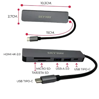   HUB 6 EN 1 TIPO C A HDMI 4K, 2 USB 3.O SD TF Y USB C