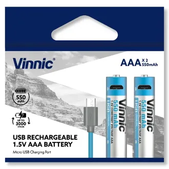 PACK X 2 PILAS VINNIC RECARGABLES AAA 550 MHA C/CABLE USB